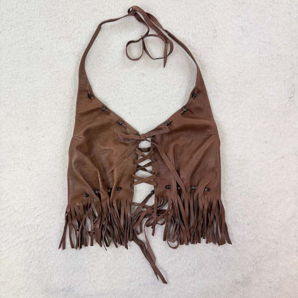 Vintage Genuine Leather Brown Western Festival Fringe Open Back Halter Top
